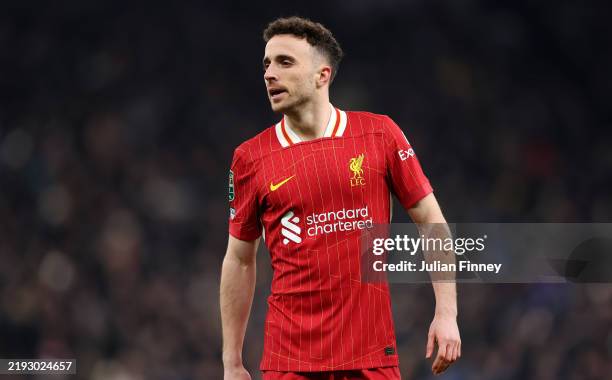 Diogo Jota of Liverpool looks on during the Carabao Cup Semi Final First Leg match between Tottenham Hotspur and Liverpool at Tottenham Hotspur...