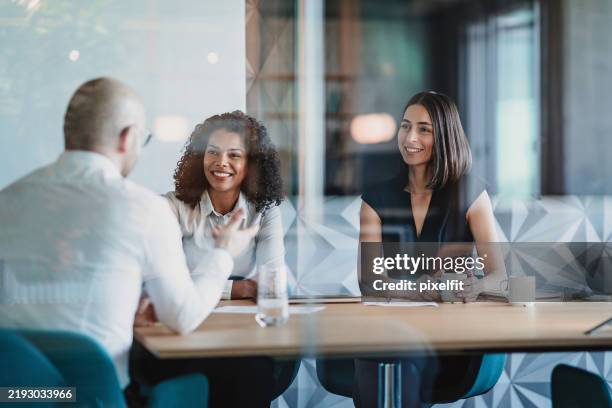female entrepreneurs listening to a customer during a meeting - affärsmöte bildbanksfoton och bilder