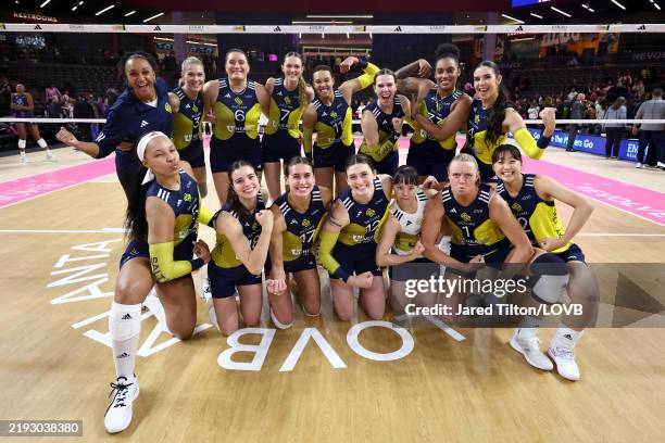 Salt Lake poses for a photo following their 3-1 set victory over LOVB Atlanta at Gateway Center Arena on January 08, 2025 in College Park, Georgia.