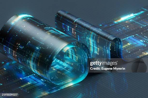 flexible digital data sheet is flowing and rolling up - machine learning stock pictures, royalty-free photos & images