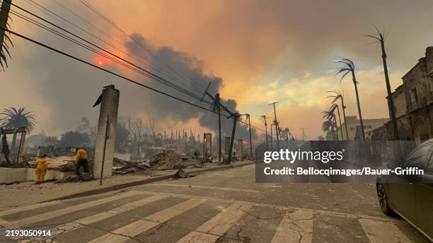 General view of the Sunset Boulevard during the wildfires on January 08, 2025 in Los Angeles, California.
