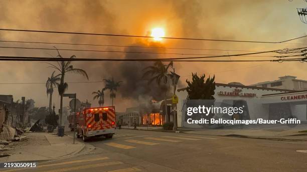 General view of the Sunset Boulevard during the wildfires on January 08, 2025 in Los Angeles, California.