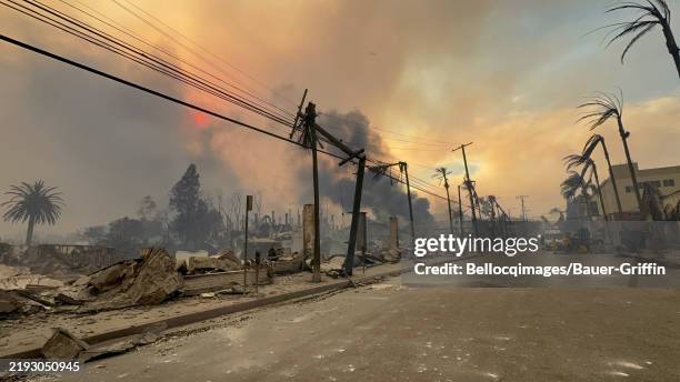 General view of the Sunset Boulevard during the wildfires on January 08, 2025 in Los Angeles, California.