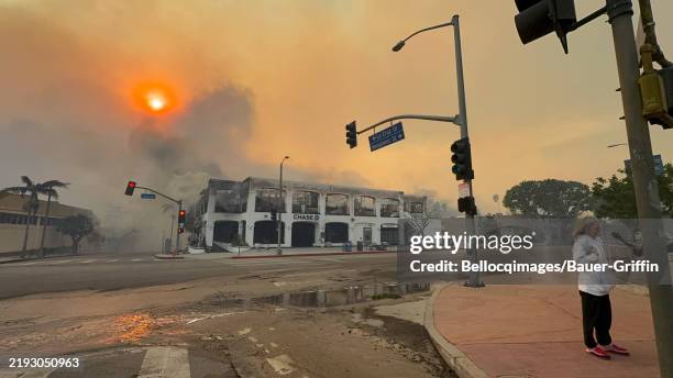 General view of the Sunset Boulevard during the wildfires on January 08, 2025 in Los Angeles, California.