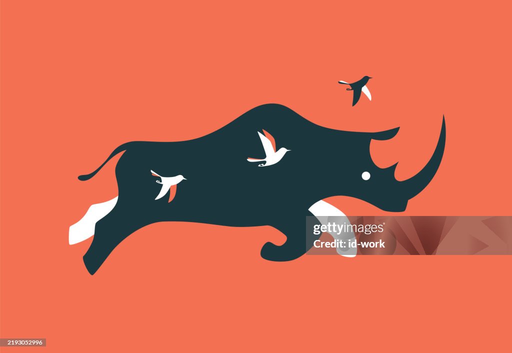 Rhinoceros running with birds symbol
