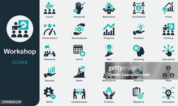 werkstatt solide ikonen sammlung. enthält coach, geschäft, ziele, team, erfolg, ergebnisse, fortschritt, idee, motivation, training, fähigkeiten, übung, moderation, teamarbeit, event, ziel, hands on - interaktivität stock-grafiken, -clipart, -cartoons und -symbole