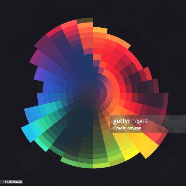 colorful abstract circular gradient design on dark background. abstract circular gradient artwork with vibrant colors radiating in segments, set against a dark background - illusion photos et images de collection