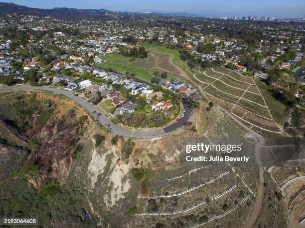 An aerial view of a residential neighborhood at Via de Las Olas and West Friends Street in Pacific Palisades, California in 2016.