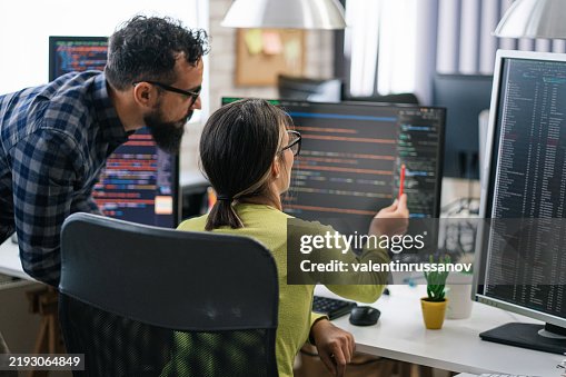 Couple Software Engineer Developer Use Computer Work On Program Coding ...