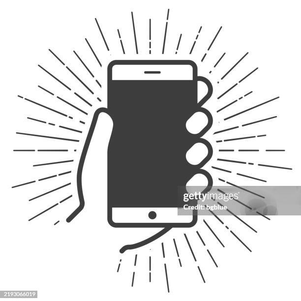 hands holding mobile phone. icon with sunbursts on white background - using tablet blank screen stock illustrations