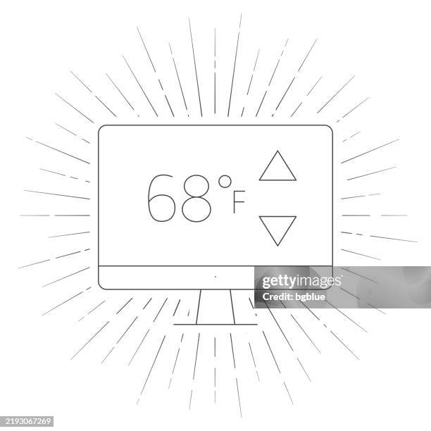 desktop computer with heating control. line icon with sunbursts on white background - sun panels stock illustrations