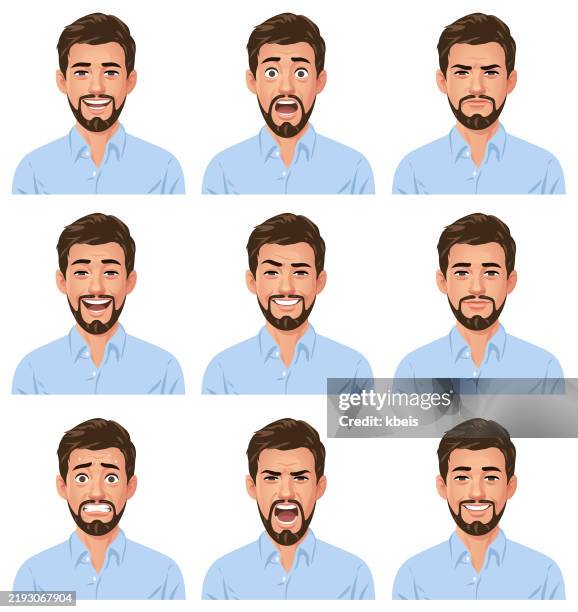 young man with beard portrait- emotions - man facing camera smiling stock illustrations