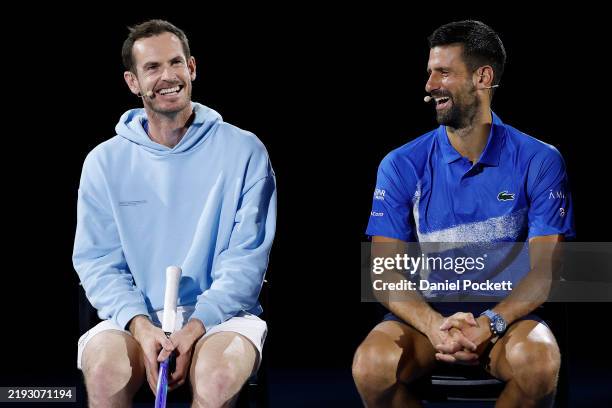 Andy Murray and Novak Djokovic of Serbia are interviewed during the Night with Novak charity event ahead of the 2025 Australian Open at Melbourne...