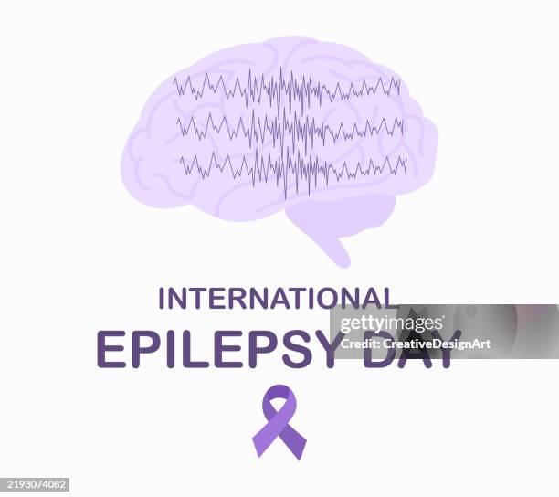 ilustraciones, imágenes clip art, dibujos animados e iconos de stock de día internacional de la epilepsia. cerebro humano con ondas eeg. concientización sobre la epilepsia, día púrpura para la epilepsia - epilepsia