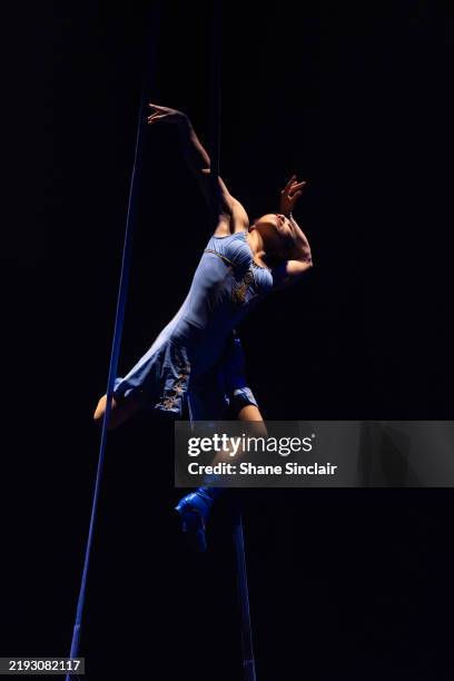 Acrobats perform during the dress rehearsal for Cirque du Soleil's "Corteo" at Royal Albert Hall on January 08, 2025 in London, England.