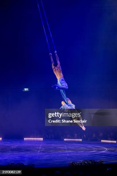 Acrobats perform during the dress rehearsal for Cirque du Soleil's "Corteo" at Royal Albert Hall on January 08, 2025 in London, England.