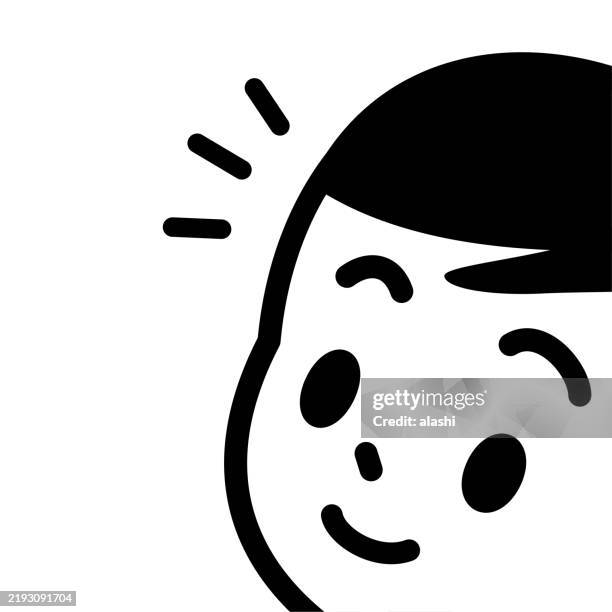 the clean face of a cute boy with short black hair, looking upward, three-quarter front view, minimalist style, drawn in a black outline - childrens day stock illustrations