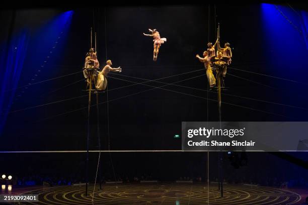 Acrobats perform during the dress rehearsal for Cirque du Soleil's "Corteo" at Royal Albert Hall on January 08, 2025 in London, England.
