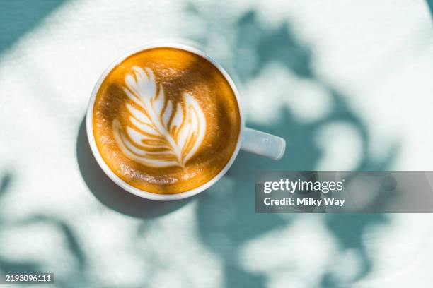 morning ritual: latte art in bright sunlight with leaf pattern.t op view of cup of tasty cappuccino with latte art on blue background with shadows at sunny day outdoor. - cappuccino stockfoto's en -beelden