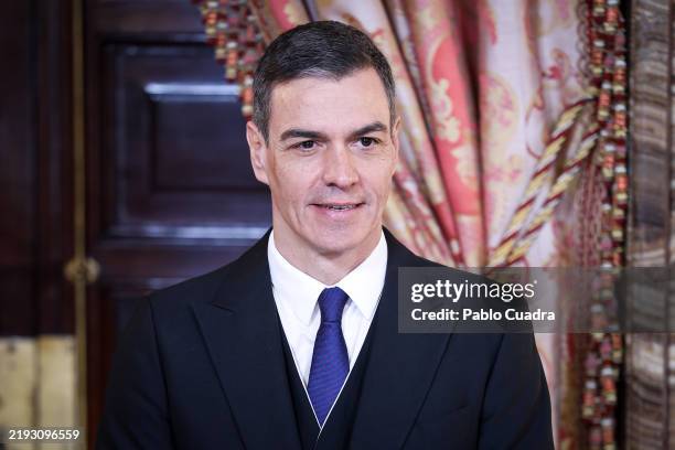 Prime Minister Pedro Sánchez receives the diplomatic corps at The Royal Palace on January 09, 2025 in Madrid, Spain.