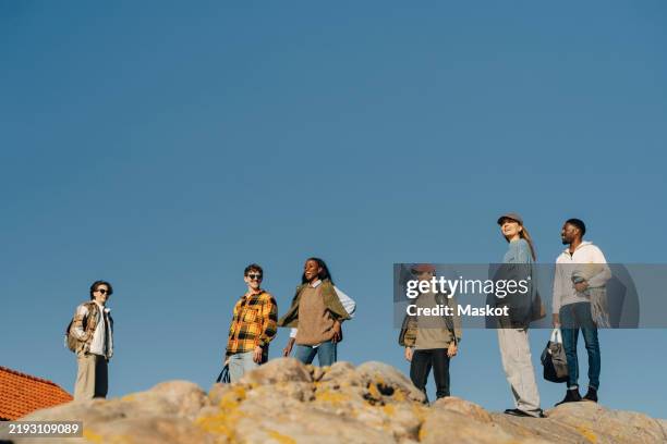 happy multiracial female and male friends standing on hill against clear blue sky - clear sky stock pictures, royalty-free photos & images