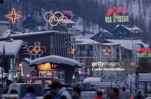 General street scene view of Val-d'Isère on 9th February 1992 during the XVI Olympic Winter Games at Val-d'Isère in the Savoie department of France.