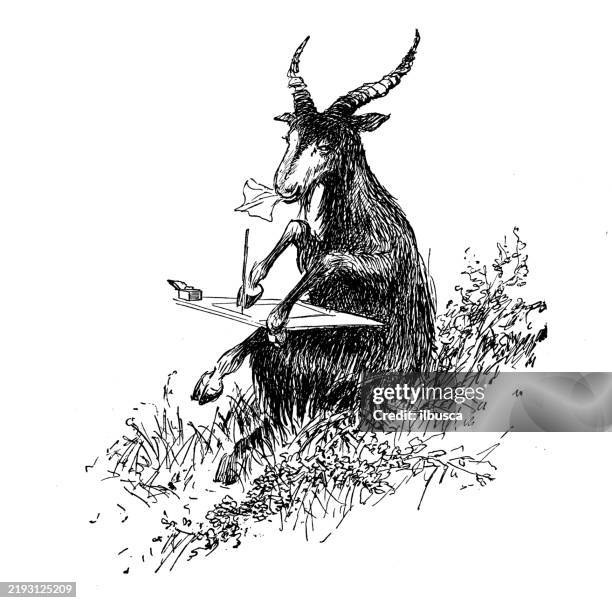 cartoon characters and animals from 19th century fable book - funny goat stock illustrations