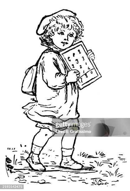 illustrations, cliparts, dessins animés et icônes de heureuse petite fille de cinq ans sur le chemin de l’école illustration 1885 - écolière