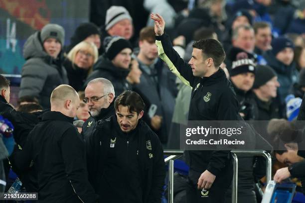 Seamus Coleman and Leighton Baines, Interim Managers of Everton, reacts prior to the Emirates FA Cup Third Round match between Everton and...