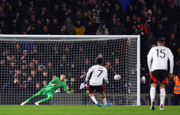 Jonathan Bond of Watford fails to save as Raul Jimenez of Fulham scores his team's second goal from a penalty kick during the Emirates FA Cup Third...