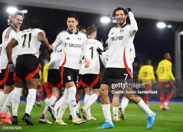 Raul Jimenez of Fulham celebrates scoring his team's second goal during the Emirates FA Cup Third Round match between Fulham and Watford at Craven...