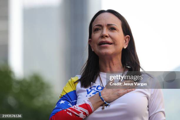 Opposition leader Maria Corina Machado gestures during an anti-government protest on January 9, 2025 in Caracas, Venezuela. According to information...