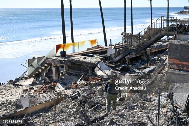 Unit from the Sheriff department searches for possible body remains in ashes of burned houses at Malibu Beach after 'Palisades Fire' in Los Angeles,...