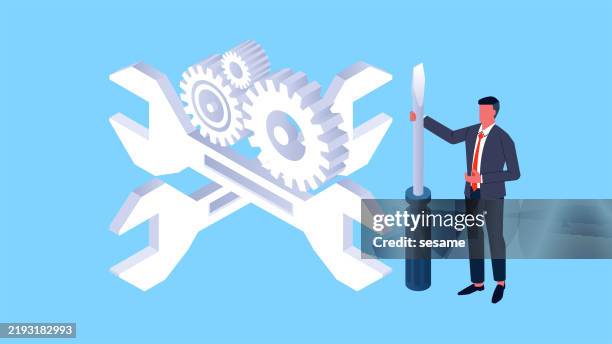 optimization or improvement, mechanical or operational maintenance and repair, problem solving, isometric tradesmen holding screwdrivers standing by wrenches and gears - customized stock illustrations