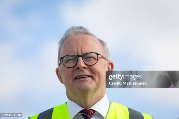 Australian Prime Minister Anthony Albanese speaks to media on January 10, 2025 in Perth, Australia. The Prime Minister is traveling across the...