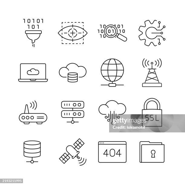 network icon set with editable stroke and customizable color design - mainframe computer room stock illustrations