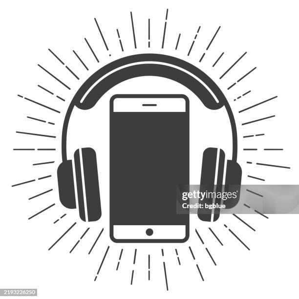 ilustraciones, imágenes clip art, dibujos animados e iconos de stock de auriculares con smartphone. icono con rayos de sol sobre fondo blanco - mp3 player