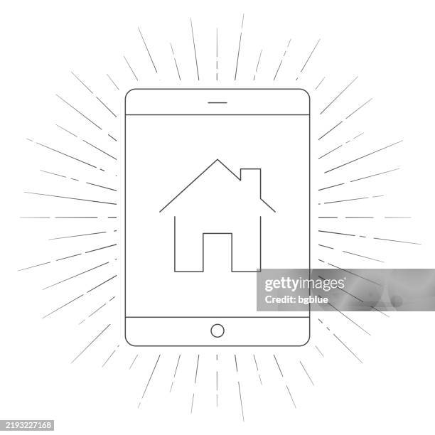 tablet pc with smart home. line icon with sunbursts on white background - using tablet at home stock illustrations
