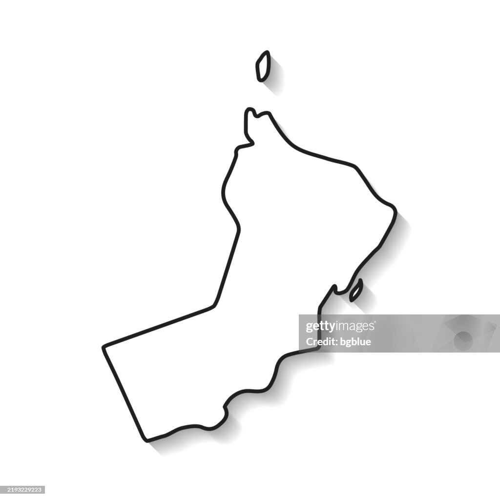 Oman-Karte mit schwarzem Umriss und Schatten auf weißem Hintergrund