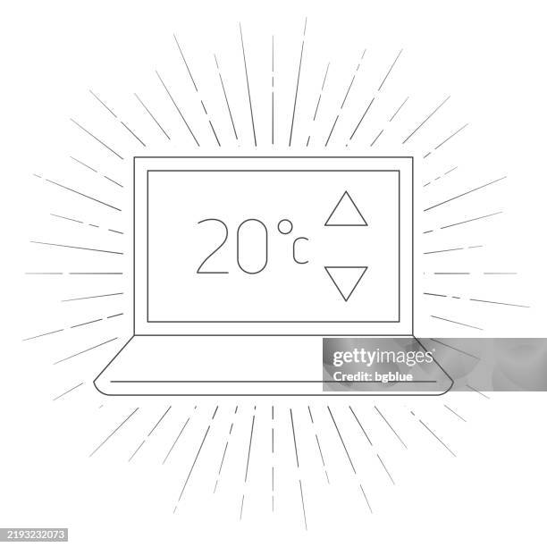 laptop with heating control. line icon with sunbursts on white background - sun panels stock illustrations