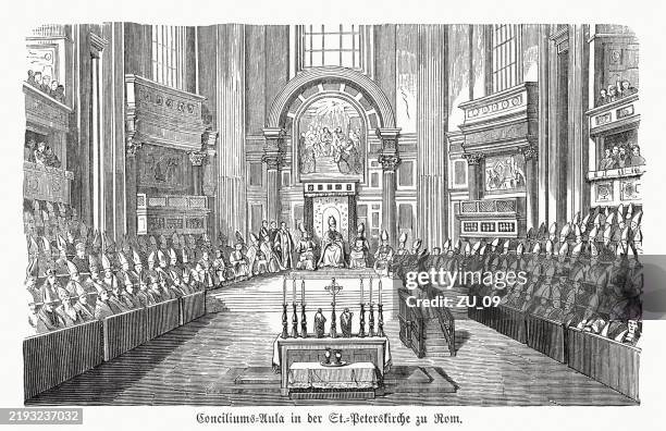 first vatican council (1869), wood engraving, published in 1883 - cathedral interior stock illustrations
