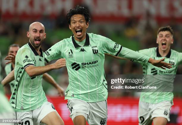 Hiroshi Ibusuki of Western United celebrates after scoring a goal during the round 13 A-League Men match between Melbourne Victory and Western United...