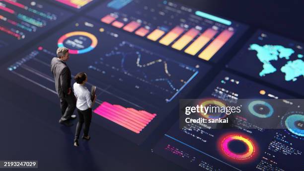 business team analyzing interactive digital dashboards with data visualizations - performance stock pictures, royalty-free photos & images