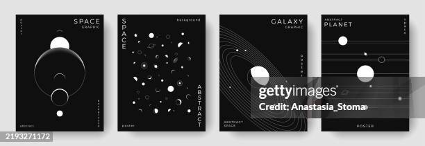 set of abstract space astronomy backgrounds. line art planet, galaxy, solar system, universe. science future concept. cosmic minimalist design for cover, poster, layout, banner, flyer, brochure - galaxy illustration stock illustrations