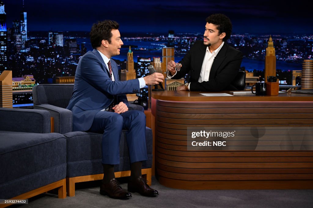 Jimmy Fallon Roles Host Jimmy Fallon and guest co-host Bad Bunny during an interview on ...