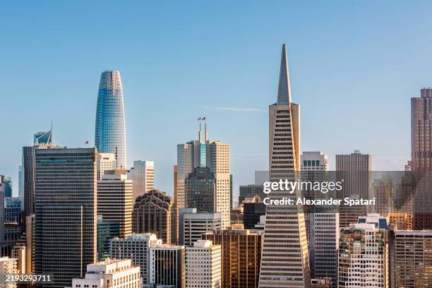 aerial view of san francisco financial district skyline on a sunny day with clear blue sky, california, usa - san francisco financial district stock pictures, royalty-free photos & images