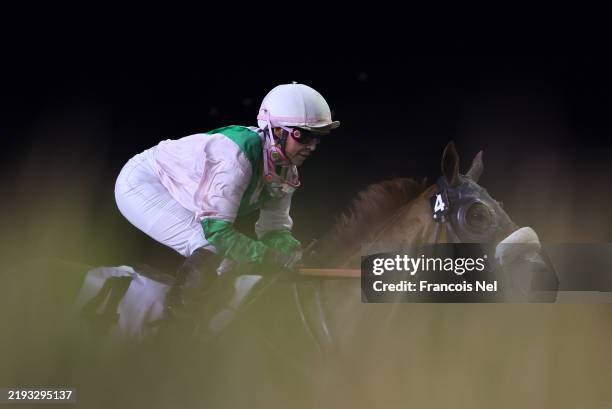 Chantal Sutherland riding Nevershow Weakness in action during the Dubai Racing Carnival at the Meydan Racecourse on January 10, 2025 in Dubai, United...
