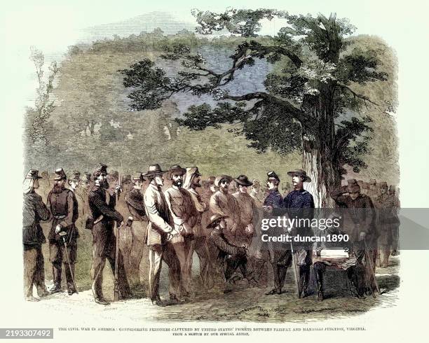 History American Civil War Confederate Prisoners Captured By United States Pickets Between Fairfax And Manassas Junction Virginia Vintage Illustration 1861 19th Century High-Res Vector Graphic