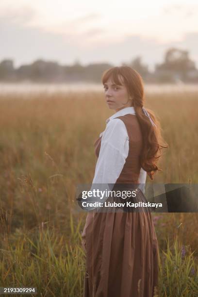 woman in brown retro dress standing in fog field. historical costume, 19th century style. - period costume stock pictures, royalty-free photos & images