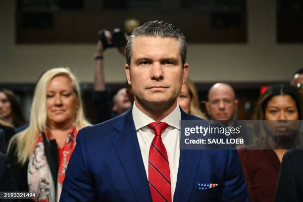 Pete Hegseth, US President-elect Donald Trump's nominee for Defense Secretary, takes his seat as he arrives for his confirmation hearing before the...
